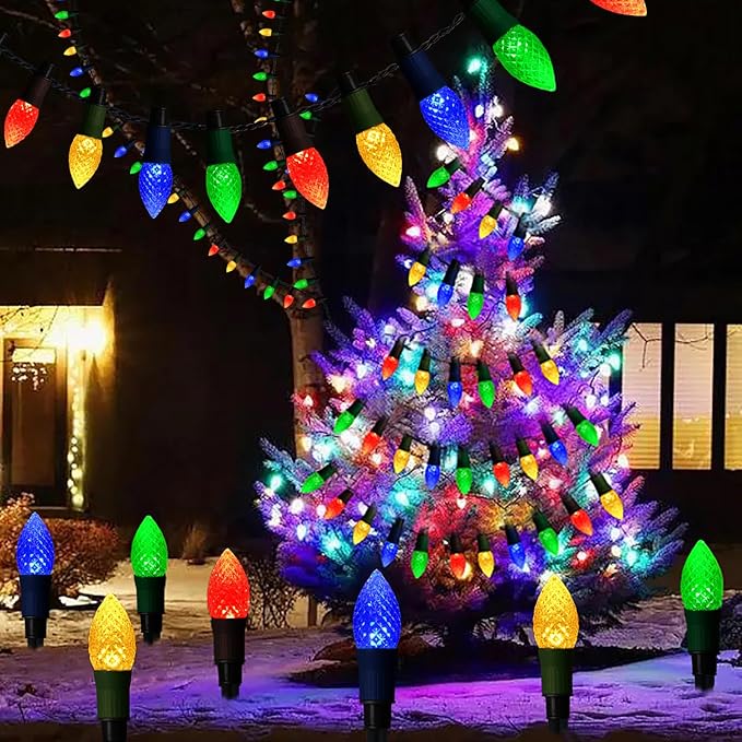 Solar Christmas Pathway Lights, 20 LED C9 String Lights with 20 Stakes, 23FT Solar Powered Multicolored Decorations for Roof, Yard, Patio, Walkway, Driveway