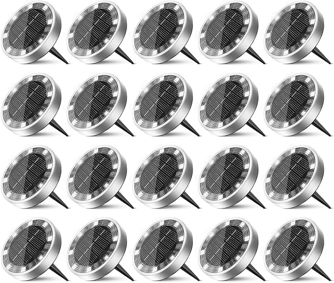 20 Pack Solar Ground Lights Outdoor, 8 LED Mini Flat Solar Disk Lights, IP65 Waterproof Anti-Rust Disc Light, Landscape Lighting for Garden Pathway Yard Walkway Driveway Lawn,Cool White