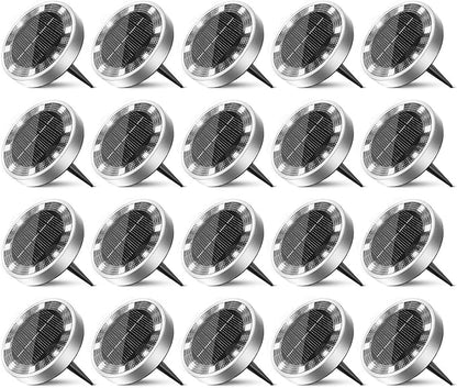 20 Pack Solar Ground Lights Outdoor, 8 LED Mini Flat Solar Disk Lights, IP65 Waterproof Anti-Rust Disc Light, Landscape Lighting for Garden Pathway Yard Walkway Driveway Lawn,Cool White