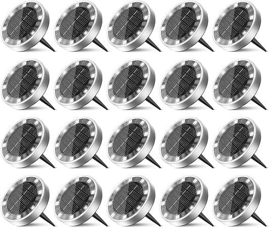 20 Pack Solar Ground Lights Outdoor, 8 LED Mini Flat Solar Disk Lights, IP65 Waterproof Anti-Rust Disc Light, Landscape Lighting for Garden Pathway Yard Walkway Driveway Lawn,Cool White