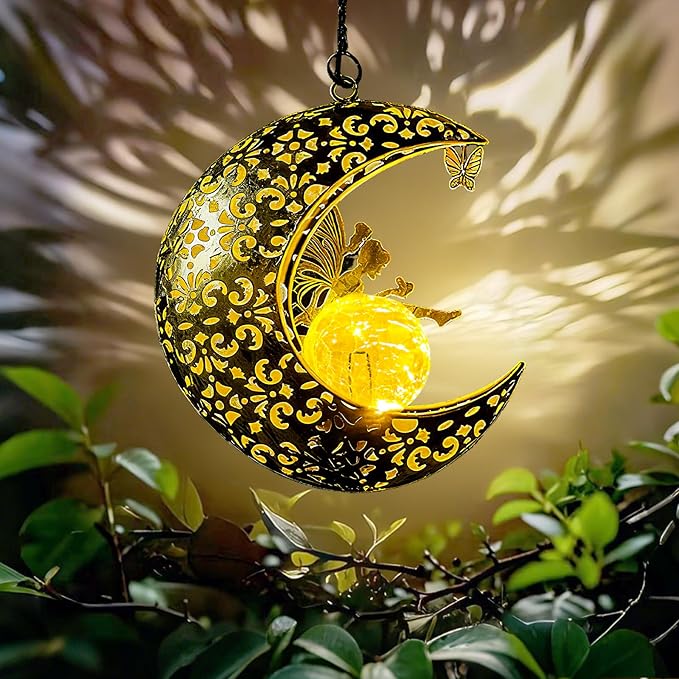 Solar Garden Fairy Statues Decor Hanging Lights,Outdoor Moon Decorations Metal Yard Art,Housewarming for Patio,Wall,Fences,Trail,Great Gift Idea for Gardening Mom and Grandma