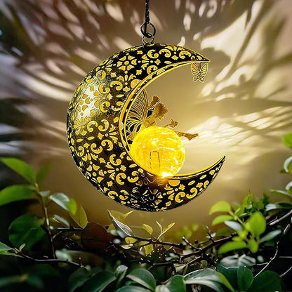 Solar Garden Fairy Statues Decor Hanging Lights,Outdoor Moon Decorations Metal Yard Art,Housewarming for Patio,Wall,Fences,Trail,Great Gift Idea for Gardening Mom and Grandma