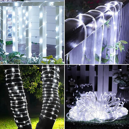 Jnaurb Battery Operated Rope Lights for Outside, 33FT 100LED 8 Modes Battery Operated String Lights, Waterproof Christmas Fairy Light with Remote for Outdoor Indoor Patio Xmas Party Decoration - White