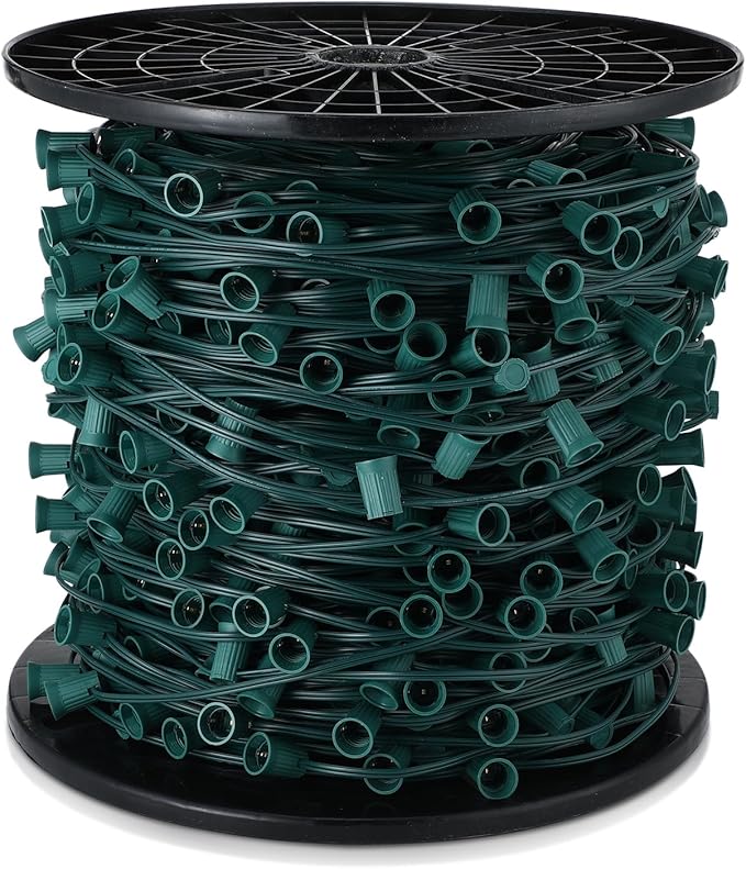 1000 ft C9/e17 Ul Listed String Light Cord Wire Spool, Christmas C9 Light Wire Stringer Strand Set for Outdoor Patio Xmas Tree Roofline, 12 Spacing, Green