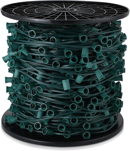 1000 ft C9/e17 Ul Listed String Light Cord Wire Spool, Christmas C9 Light Wire Stringer Strand Set for Outdoor Patio Xmas Tree Roofline, 12 Spacing, Green