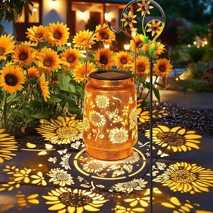 Solar Lanterns Outdoor with Shepherd Hook - Waterproof Sunflower Garden Decor, LED Hanging Lights Metal Decor for Yard, Patio, Porch, Lawn, Tabletop - Perfect Christmas Gift for Women, Mom, Grandma