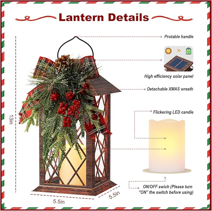 Christmas Solar Lanterns Outdoor Waterproof, 13" Outdoor Solar Powered Lantern with Flickering LED Candle, Christmas Hanging Lantern Decorations for Porch Patio Garden Balcony Pathway, 1 Pack