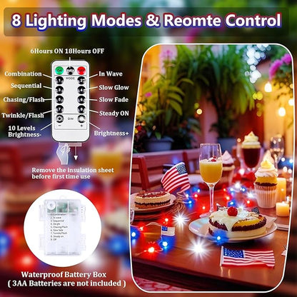 4 Pack Red White and Blue Fairy Lights Battery Operated with Remote, 33FT Waterproof 100 LED Patriotic String Lights with Timer & 8 Modes Outdoor Indoor for Independence Day 4th of July Decorations