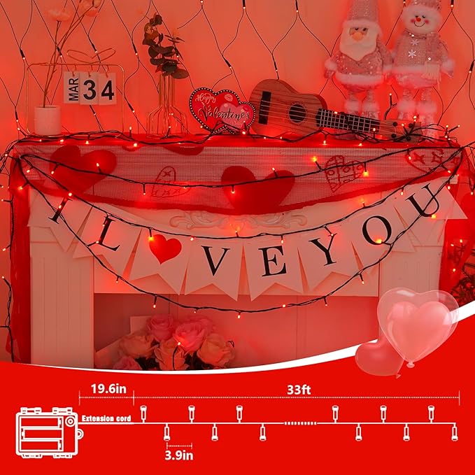 QITONG 2 Pack Red Battery Operated String Lights, Each 33ft 100 LED Christmas Lights Outdoor Indoor, Green Wire Twinkle Lights with Remote
