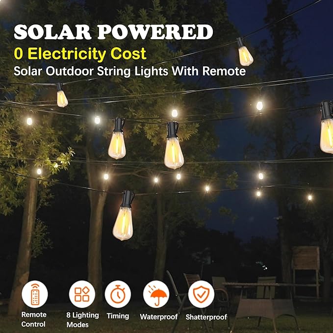Stright 60FT Solar String Lights Outdoor Weatherproof with Remote, Solar Powered LED Edison Bulb 15 Sockets Outdoor String Lights for Outside Patio Backyard Fence Halloween Christmas Decorations