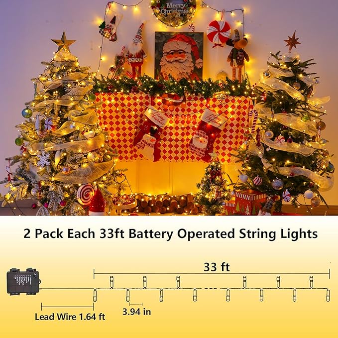 YEGUO Christmas Lights Battery Operated, 2 Pack Each 33ft 100 LED Warm White String Lights Outdoor Waterproof, 8 Modes Green Wire Fairy Light Indoor with Remote