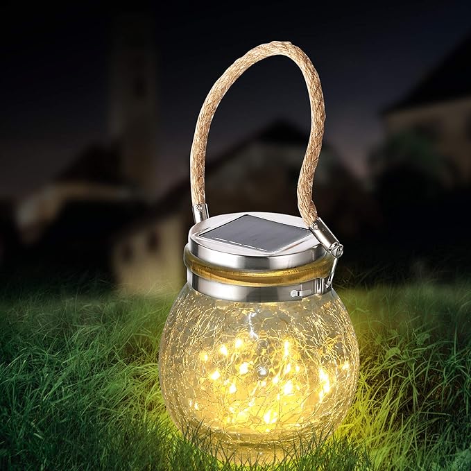 Solar Hanging Lanterns Outdoor Waterproof, Table Lamps Decorative Cracked Glass Jar 30 LED Lights for Garden Tree Court Yard Patio Pathway Christmas Day Holiday Party Decoration (1, Warm Light)