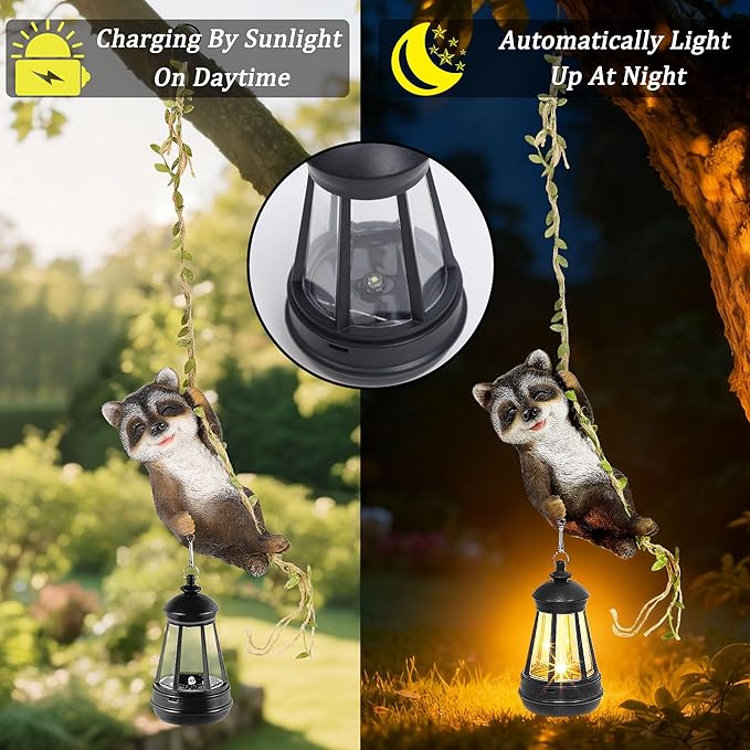 Solar Hanging Raccoon Statue, Outdoor Resin Animal Figurine with LED Lights for Garden, Fence, Porch, Patio, Yard Decor, Dusk to Dawn Auto On/Off