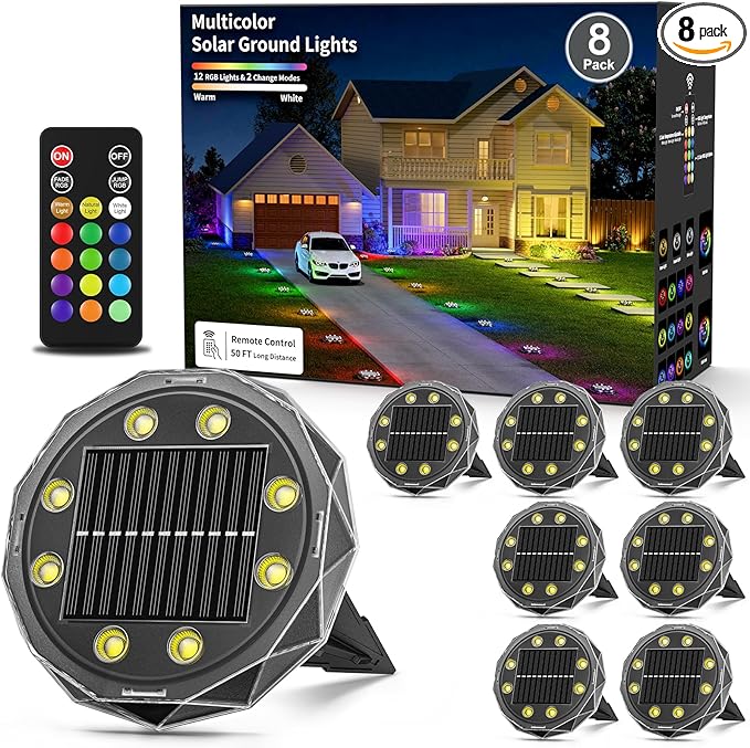 Solar Ground Lights with Remote Control 50ft,IP67 Waterproof Solar Garden 15 Multi Color Lights,RGBYW Solar Powered Outdoor Landscape Lighting for Pathway,Yard,Deck,Lawn,Patio,Walkway,Poolside,8 Pack