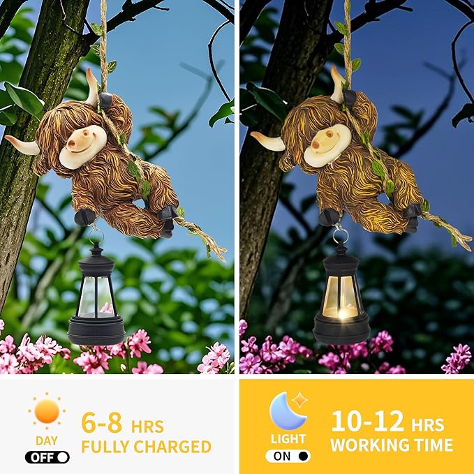 Hanging Christmas Highland Cow Decor: Garden Cow Statues with Solar Lantern Tree Decorations for Outdoor Yard Lawn Patio Porch Ideal Gardening Gifts for Mom Grandma Women