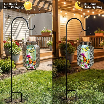 Solar Butterflies Lantern Outdoor Hanging Garden Decor – Waterproof Metal & Stained Glass Light with Handle Decorative Retro Yard Art for Patio, Porch, Table, Pathway – Gardening Gift for Mom & Women