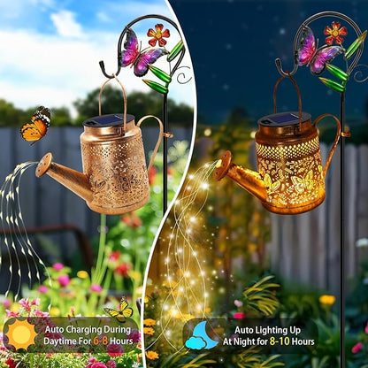 Solar Powered Butterfly Watering Can Lights Waterproof Outdoor Garden Decor with Shepherd Hook Hanging Patio Lights for Yard, Porch, Backyard Perfect Gardening & Christmas Gift for Women, Mom, Grandma