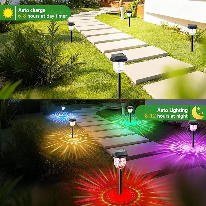 echosari 2 Pack Color Changing Solar Pathway Lights, Dynamic Pattern Multicolor & Warm White Solar Lights Outdoor Waterproof Garden Lights for Landscape Path Driveway Walkway Lawn
