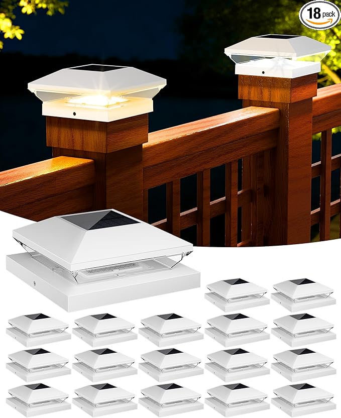 T-SUN Solar Fence Post Cap Lights 18 Pack – Outdoor Waterproof Solar Powered Deck Post Lights for 4x4 5.5x5.5 6x6 Vinyl/Wooden Posts – Warm/Cool White Modes for Porch,Yard,Walkway,Gate