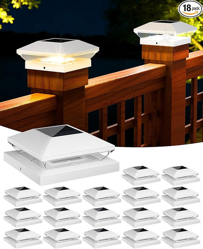 T-SUN Solar Fence Post Cap Lights 18 Pack – Outdoor Waterproof Solar Powered Deck Post Lights for 4x4 5.5x5.5 6x6 Vinyl/Wooden Posts – Warm/Cool White Modes for Porch,Yard,Walkway,Gate