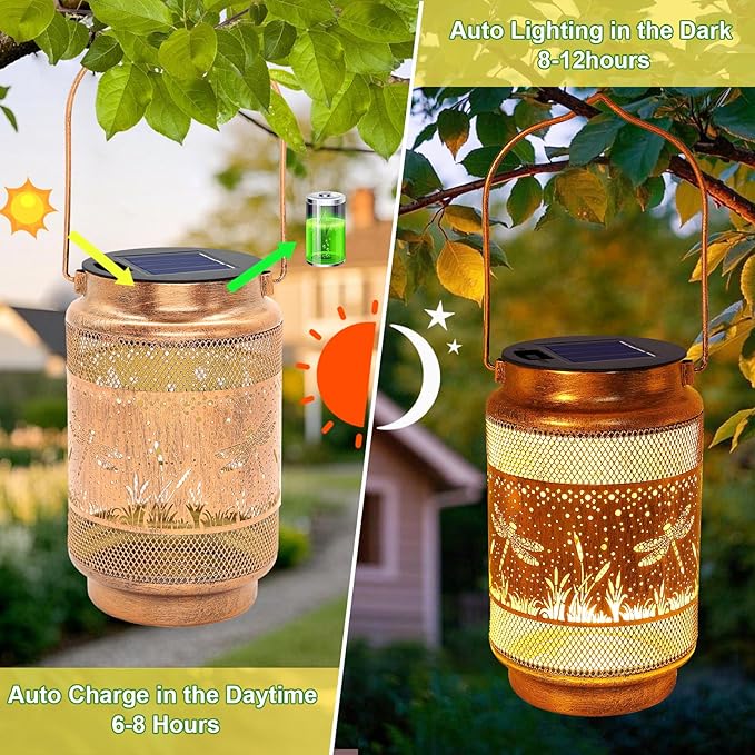 Dragonfly Solar Lanterns Outdoor Waterproof with Shepherd Hook, Birthday Gifts for Women Mom Grandma, Metal Solar Hanging Lights Garden Decor for Outside Yard Patio Pathway Backyard Porch