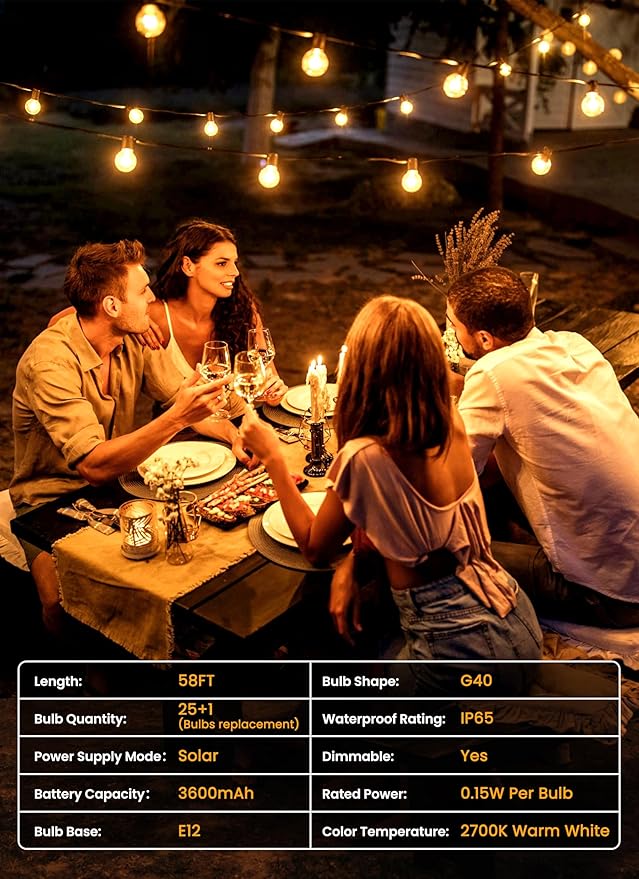 Brightown 58ft Solar String Lights, 26 Shatterproof LED Bulbs with Remote Control, Outdoor Patio & Cafe Lights