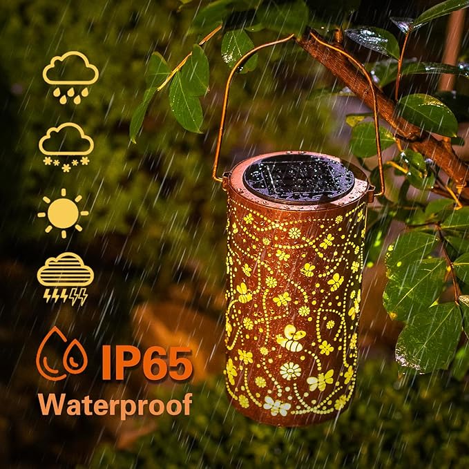 Bee Solar Lanterns Outdoor Waterproof Hanging Solar Lights Bee Gifts for Women Men Metal Decorative LED Bee Lanterns for Garden Decor,Yard,Patio,Lawn,Tabletop,Pathway,Landscape