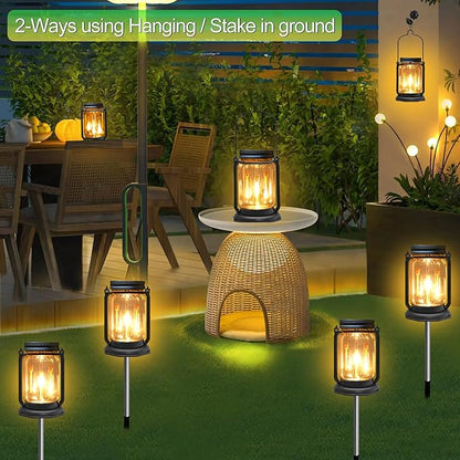 Solar Mason Jar Meteor Light Lanterns, Falling Raindrops Warm White LED Lights Build-in Mason Jar, Outdoor Decorative Waterproof with Stakes for Patio, Yard, Lawn, Tree (Vintage Lanterns, 4)