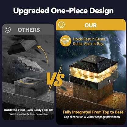 Solar Post Cap Lights, 2 Pack Upgraded Outdoor Deck Fence Post Solar Lights for 4x4 5x5 Wood/Vinyl Posts, IP65 Waterproof, 10-12 Hours Warm White Glow for Garden/Patio/Porch - Black