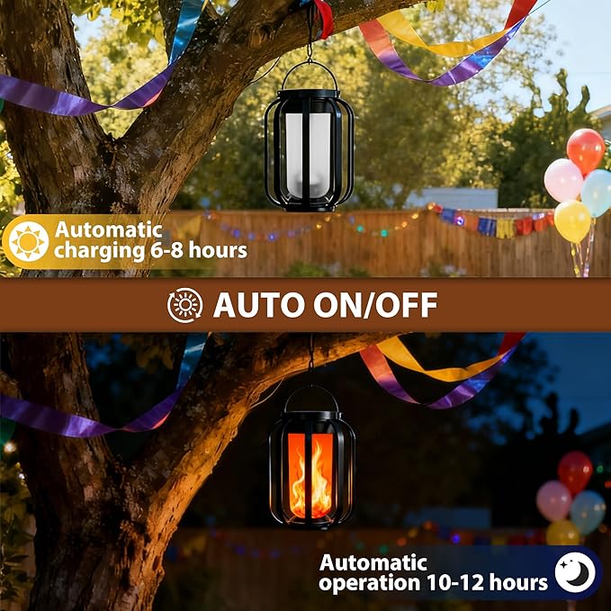 Solar Lanterns Outdoor Waterproof , Flickering Flame Garden Lights with 2 Modes Dual Charging USB & Solar, Outdoor Waterproof Hanging Lantern for Halloween Party Holiday Decor