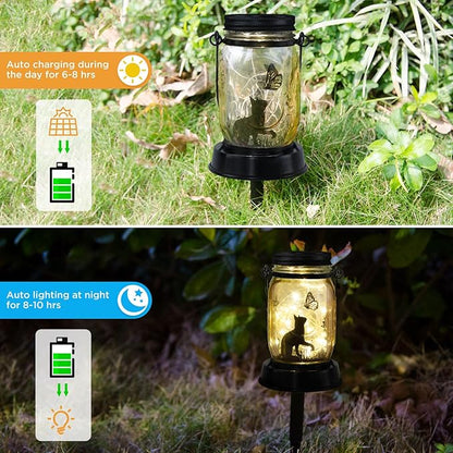 Cat Lover Gifts for Mom/Grandma/Women/Sister Cat Butterfly Solar Light Gifts Mother Day Gift Solar Lanterns Outdoor Waterproof Fairy Lights Led Mason Jar Hanging Cat Lamps Decor for Garden Yard Patio