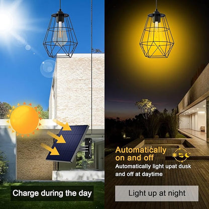 Solar Chandelier Outdoor with 16FT Cord Dusk to Dawn Solar Pendant Light Timer Remote Control Waterproof for Gazebo, Indoor, Yard, Playhouse (Lantern Plus)