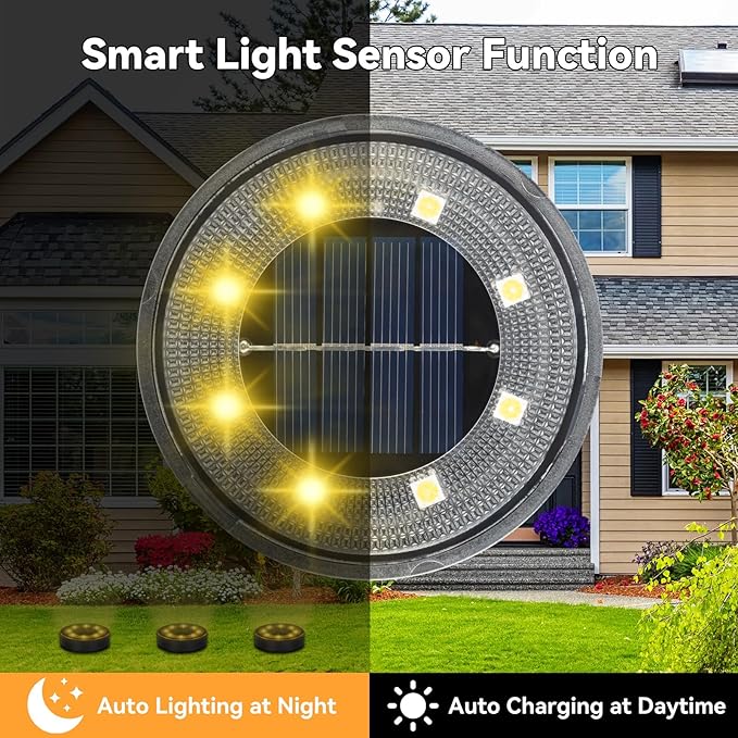 ELUTENG Solar Ground Lights 8 Pack IP68 Waterproof Solar Pathway Lights 8 LED Garden Lights Anti-Rust Outdoor Landscape Lighting for Lawn, Yard, Deck, Driveway, Walkway (Warm Light)