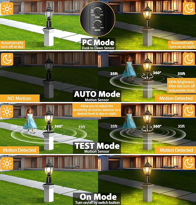 Lamomo Motion Sensor Outdoor Post Lights, Dusk to Dawn Lamp Post Light Fixture, Waterproof Aluminum Lamp Posts Outdoor Lighting Pole Lantern for Yard Patio Pathway Garden