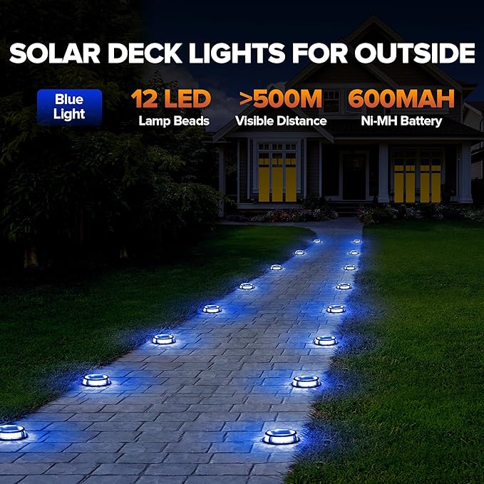 LUTEC 4 Pack Solar Deck Lights Driveway Dock 12 LEDs Light Solar Powered Outdoor Waterproof Road Markers for Step Sidewalk Stair Garden Ground Pathway Yard (Blue)