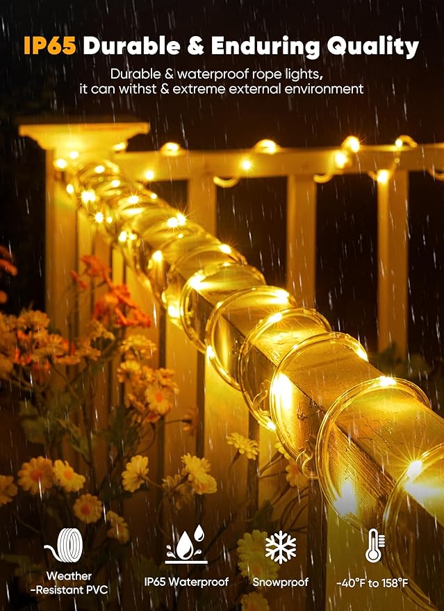 Brightown Solar Rope Lights, 39FT 100LED Outdoor Solar String Lights, IP65 Waterproof Solar Powered Fairy Lights with 8 Lighting Modes for Party Garden Yard Home Holiday Tree Decoration, Warm White