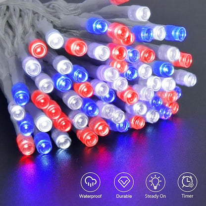 Red White and Blue Lights Battery Operated, 4th of July Lights with Timer Outdoor Waterproof 9.8ft 30 LED for 4th of July Independence Day Decorations Garland Party Garden 2 Packs