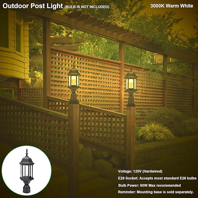 LIT-PaTH Outdoor Post Lighting Fixture Pole Lantern, E26 Medium Base Max 60W, Aluminum Housing Plus Glass, 2-Pack, Black Finish