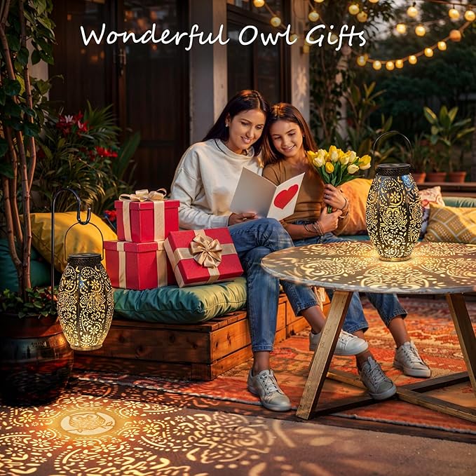 Owl Solar Hanging Lanterns 2-Pack, Metal Backyard Decor