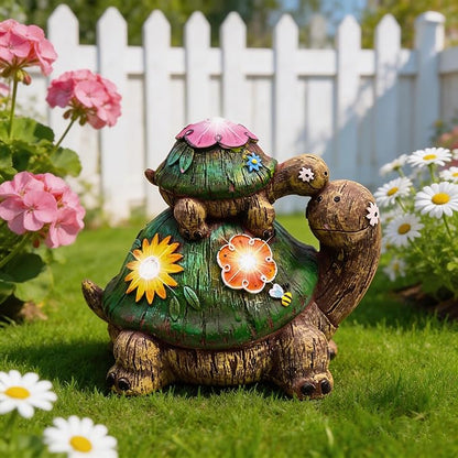 TERESA'S COLLECTIONS Garden Decor, Turtles Garden Decor, Family Tortoises with Solar Light, Waterproof Resin Garden Statue, Turtles Gifts Birthday Gifts for Women Mom