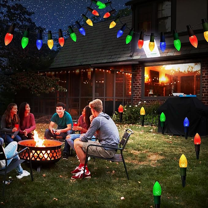 Solar Christmas Pathway Lights, 20 LED C9 String Lights with 20 Stakes, 23FT Solar Powered Multicolored Decorations for Roof, Yard, Patio, Walkway, Driveway
