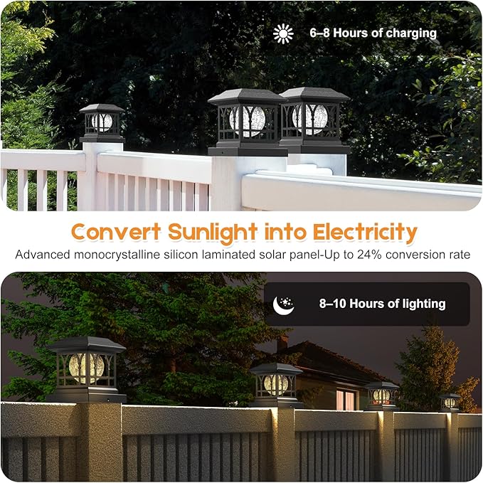 Fence Post Solar Lights, Crackle Glass Solar Post Cap Lights, 20 Lumens, Warm White & RGB Automatic Cycling 2 Modes for 3.6x3.6 4x4 4.5x4.5 5x5 Vinyl Wooden Posts Decoration, Black (2 Pack)