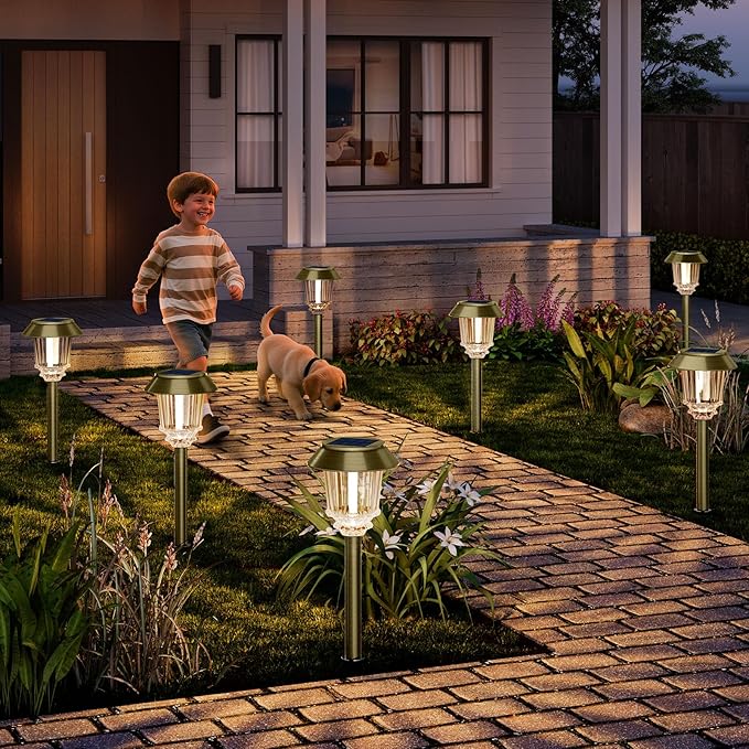 XMCOSY+ Solar Pathway Lights Outdoor - 4 Pack Auto On/Off 10-40 LM Dimmable Waterproof Outdoor Solar Lights for Yard Pathway Garden Driveway Walkway (Bronze)