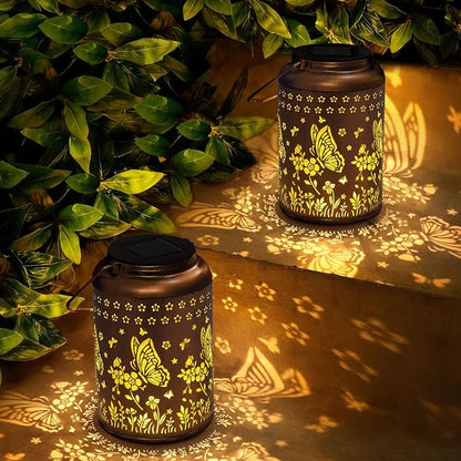 2 Packs Butterfly Solar Lanterns Outdoor Waterproof, Birthday Gifts for Women Mom Grandma, Metal Hanging Solar Lights Outside Decorations for Garden Patio Porch Backyard Garden Decor