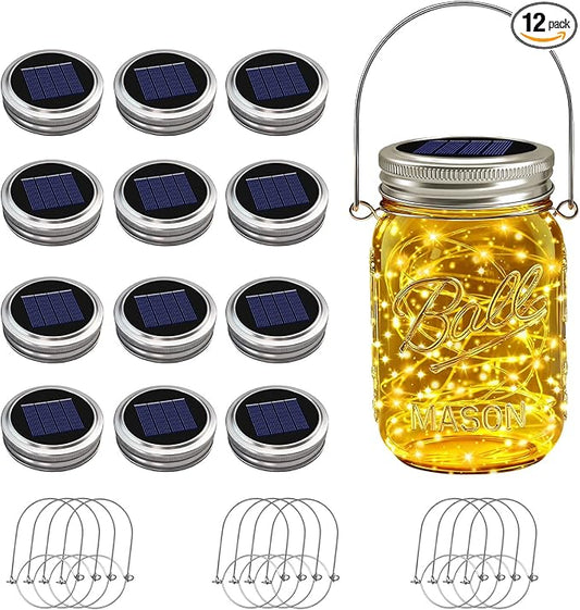 12 Pack Solar Mason Jar Lights for Outside, 30 LED Solar Mason Jar Lids Fairy Lights with 12 Hangers(No Jars) Outdoor Waterproof for DIY Patio Garden Yard Lawn Party Wedding Decoration Warm White