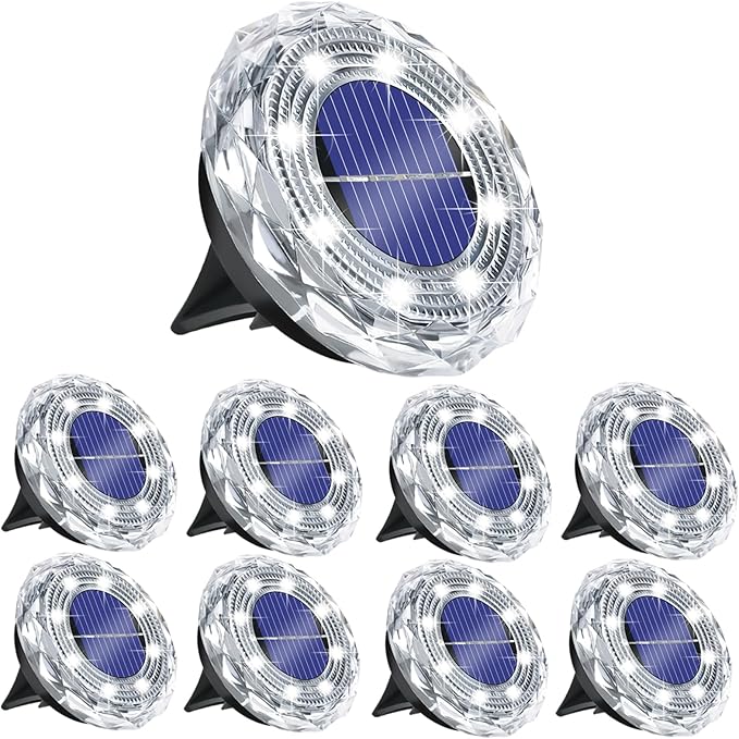 Solar Ground Light Outdoor 8 Pack Mini Solar Grounf Lights Waterproof Landscape Lighting Solar Powered Pathway Lights LED Disk Light for Patio Lawn Driveway Yard Decor, Cool White
