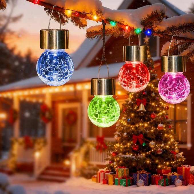 Solpex Hanging Solar Lights Outdoor, 8 Pack Decorative Cracked Glass Ball Light, Solar Powered Waterproof Globe Lighting, Hanging Globe Solar Lights for Garden, Yard, Patio, Lawn, Flower Bed