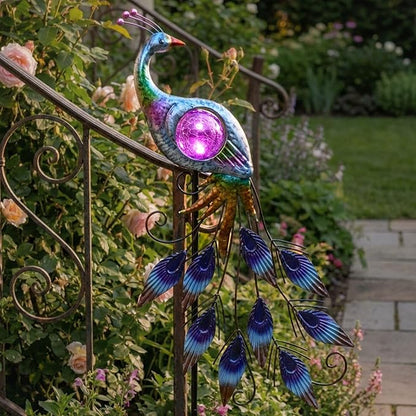 TERESA'S COLLECTIONS Solar Garden Lights Outdoor Garden Decor, Metal Peacock Decorations for Yard, 33'' Purple Decorative Garden Stake for Outside with Crackle Glass Ball, Lawn Party Gifts for Mom