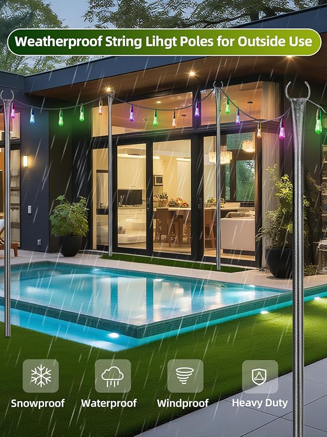 String Light Poles, 4 Pack 10ft Outdoor String Light Poles for Outside and Deck - Ideal for Patio, Garden, Yard, Front Porch Decorations, Frosted Silver
