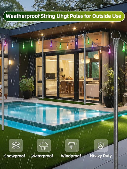 String Light Poles, 4 Pack 10ft Outdoor String Light Poles for Outside and Deck - Ideal for Patio, Garden, Yard, Front Porch Decorations, Frosted Silver